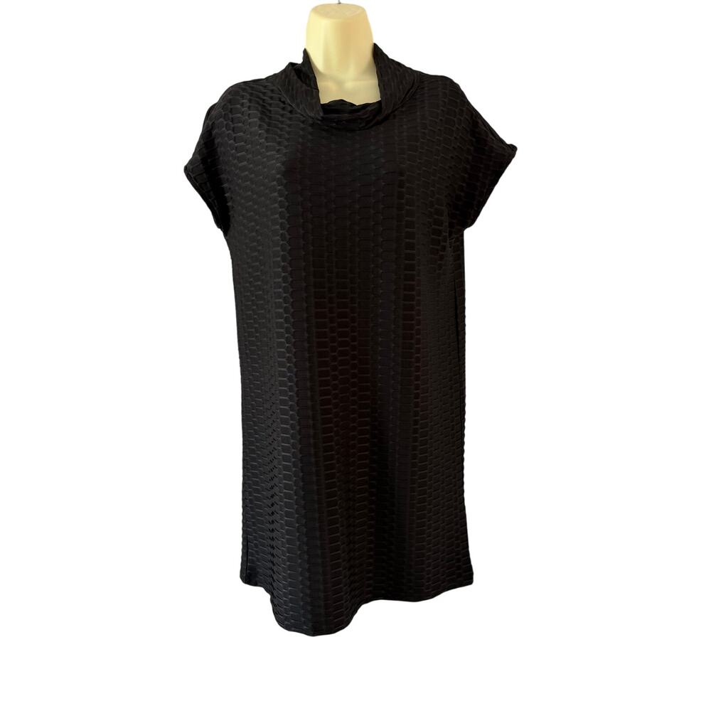 ISLE by Melis Kozan Black Textured Honeycomb Knit Dress  Funnel Neck Mini